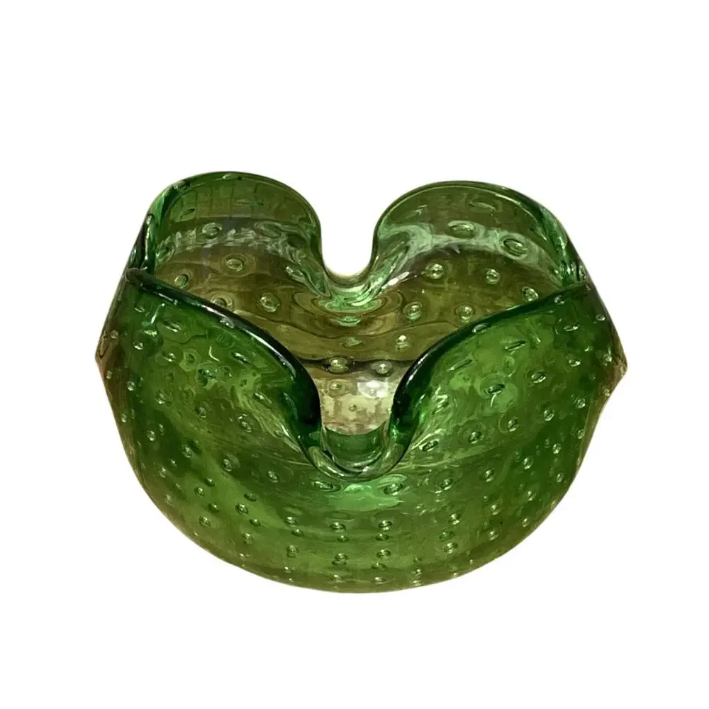 Vintage Italian Bullicante Art Glass Ashtray Murano Style Green Bowl 4.125